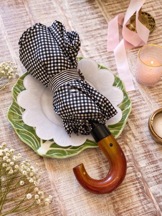 J. Crew Accessories - J. Crew Black Gingham Folding Umbrella with Brown Wood Handle